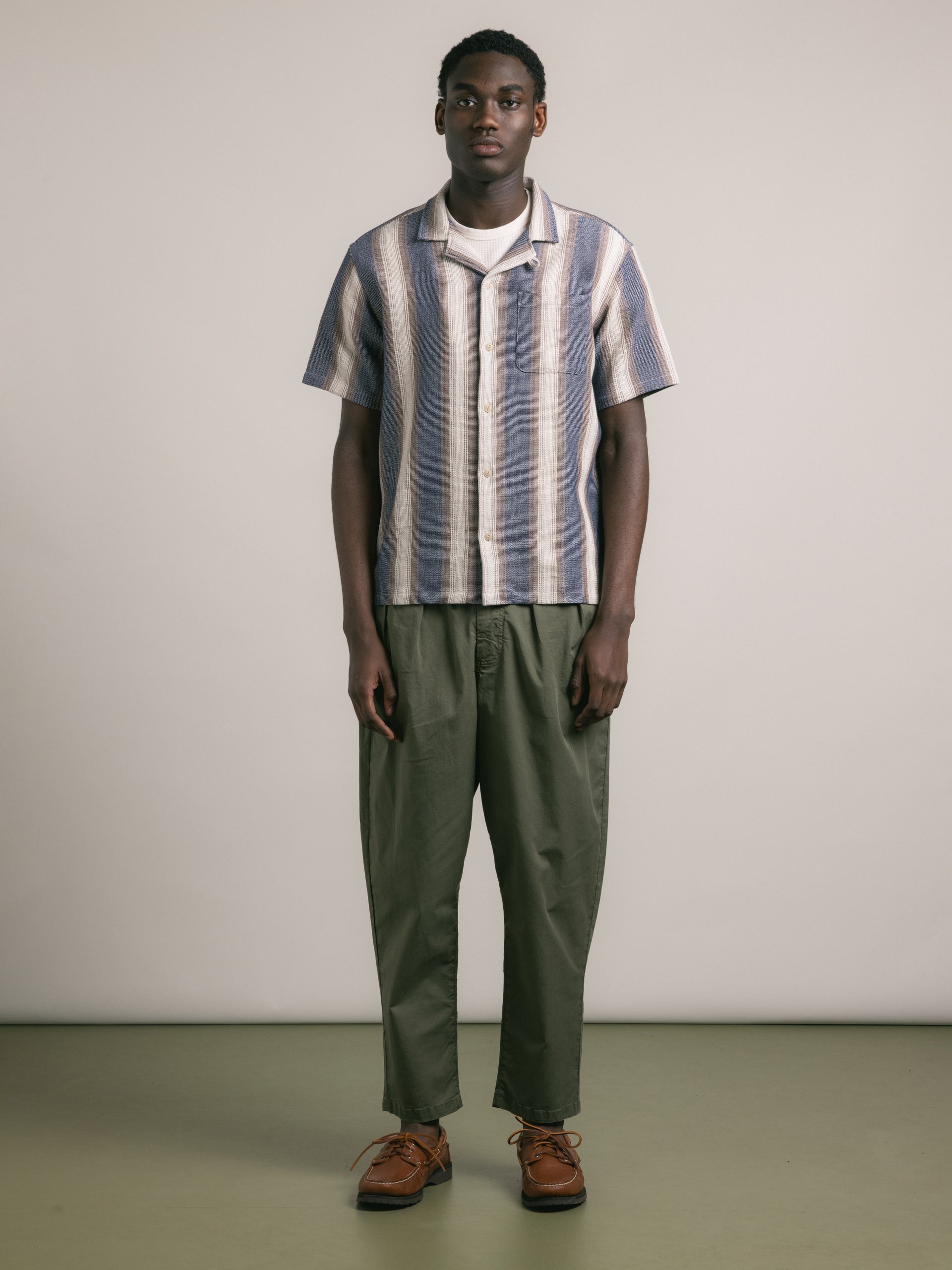 Crammond Shirt in Navy / Brown Stripe Open Weave Cotton