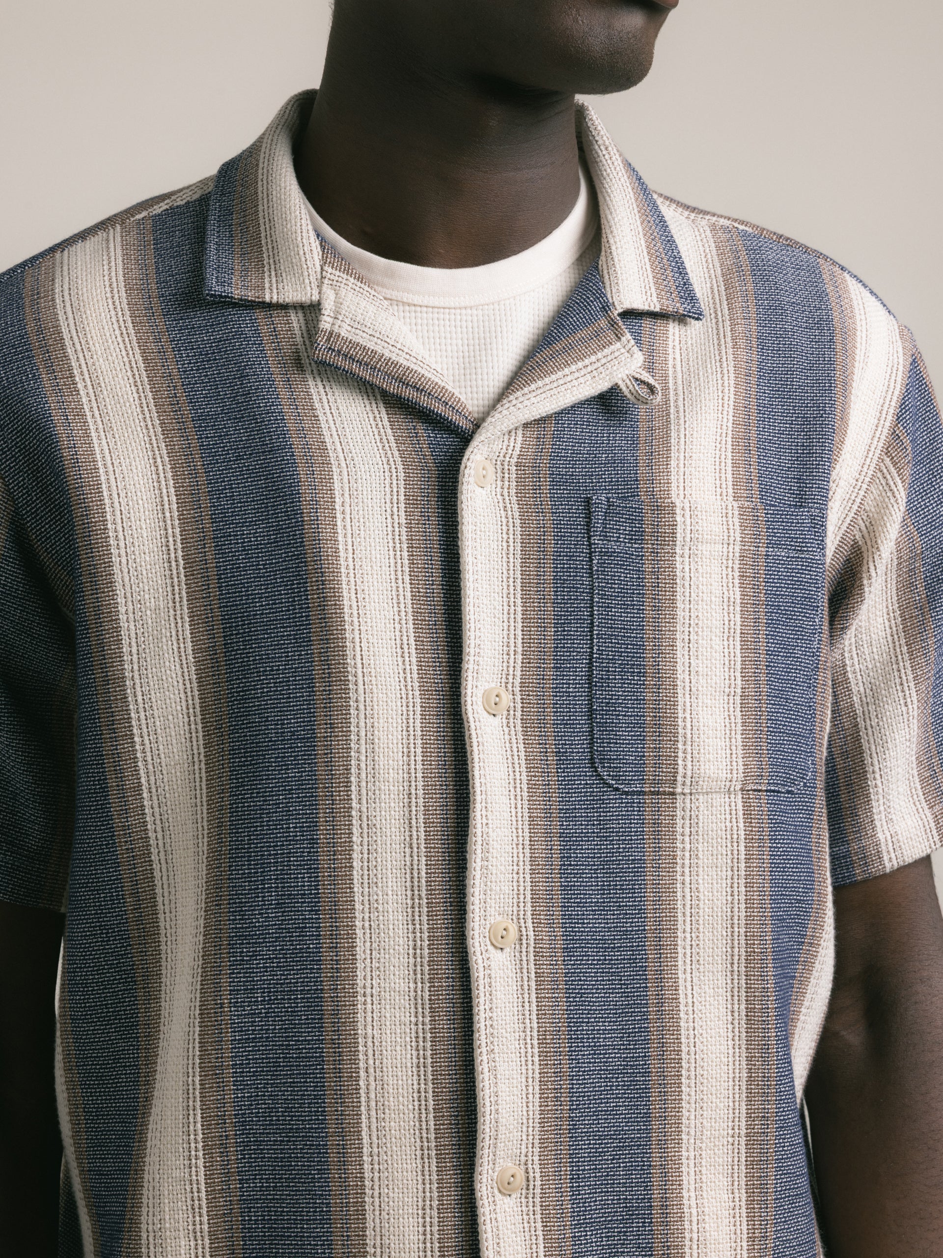 Crammond Shirt in Navy / Brown Stripe Open Weave Cotton