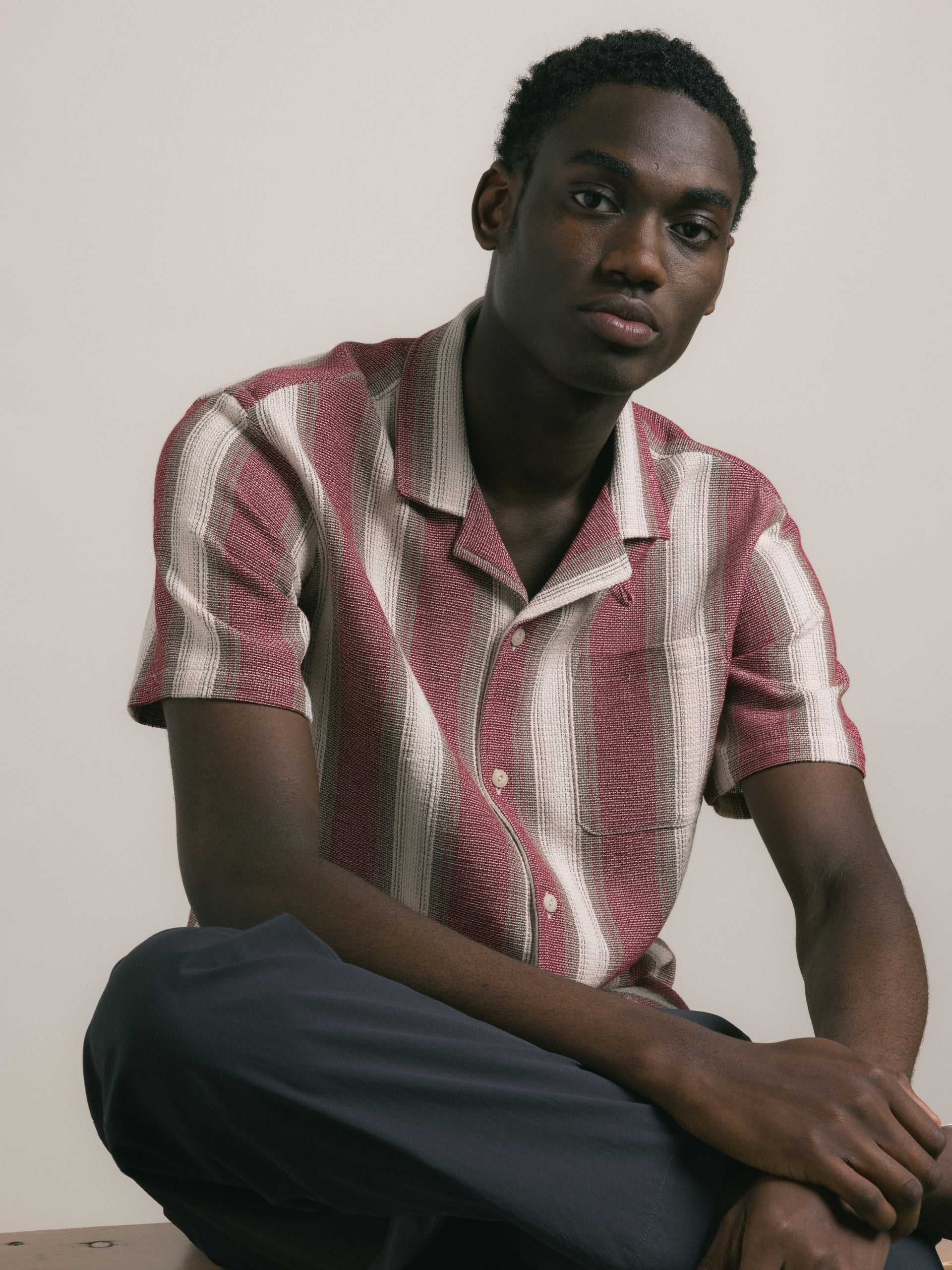 Crammond Shirt in Red / Brown Stripe Open Weave Cotton