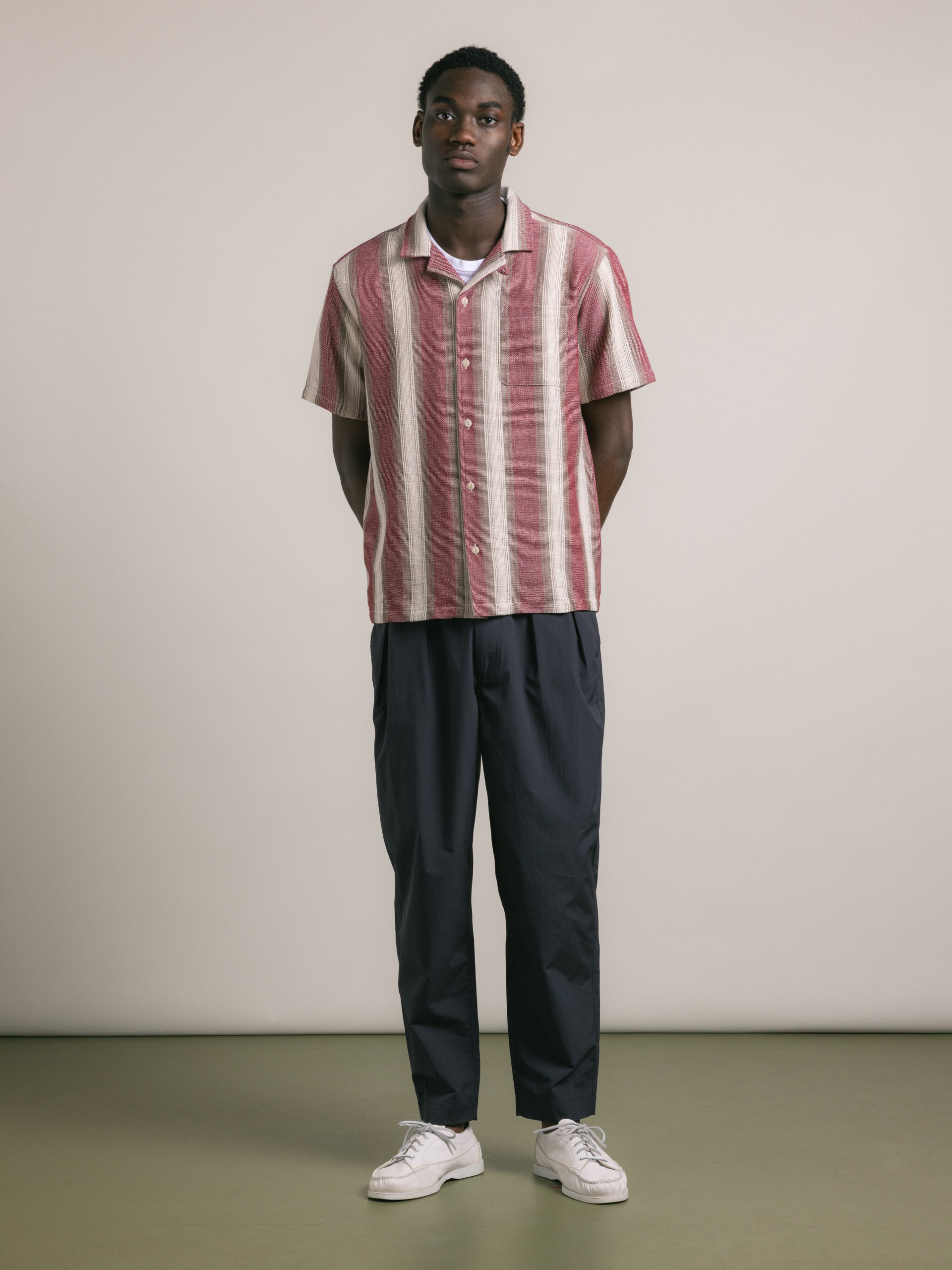 Crammond Shirt in Red / Brown Stripe Open Weave Cotton