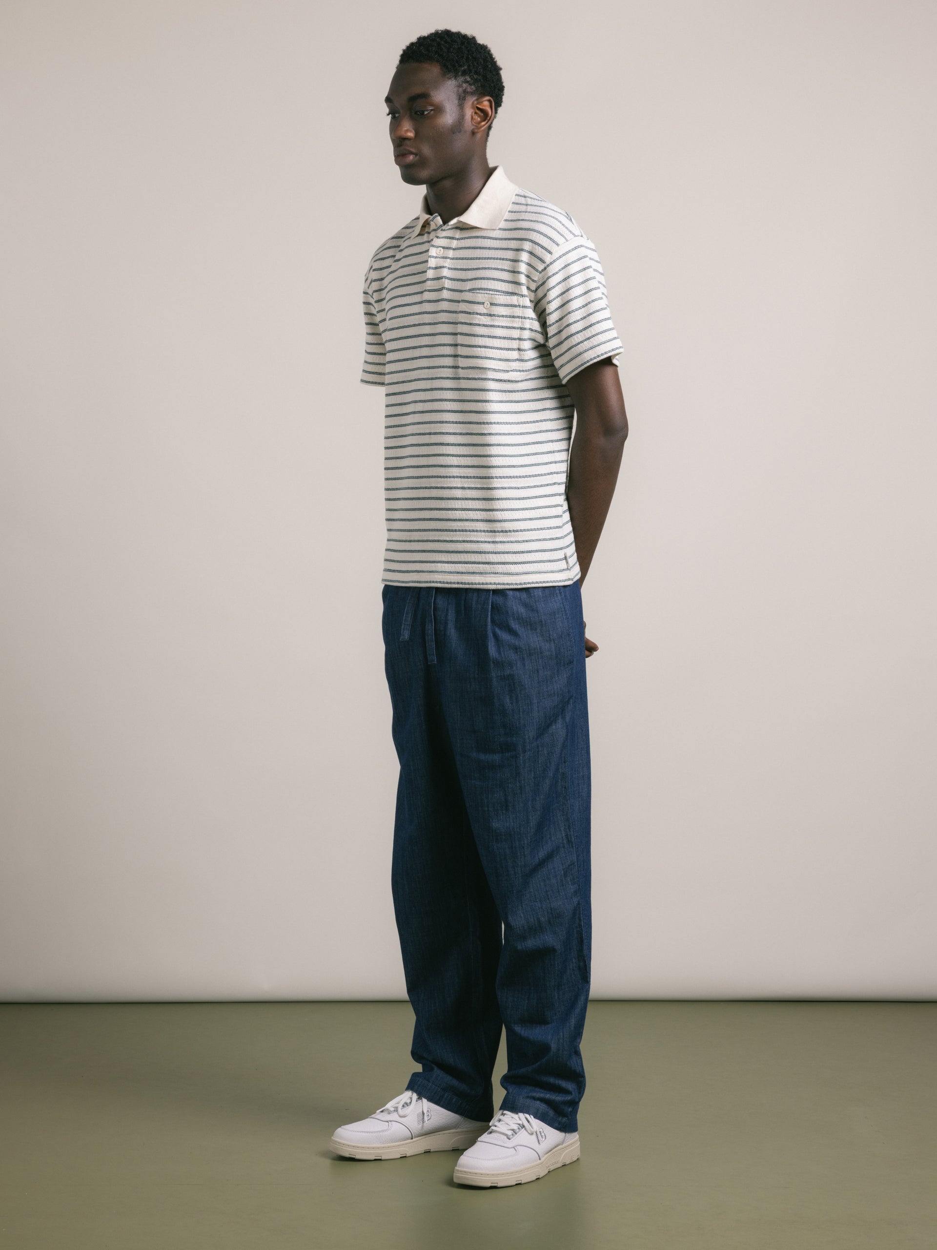 Dunn Polo in Ecru / Green Organic Cotton Knitted Stripe