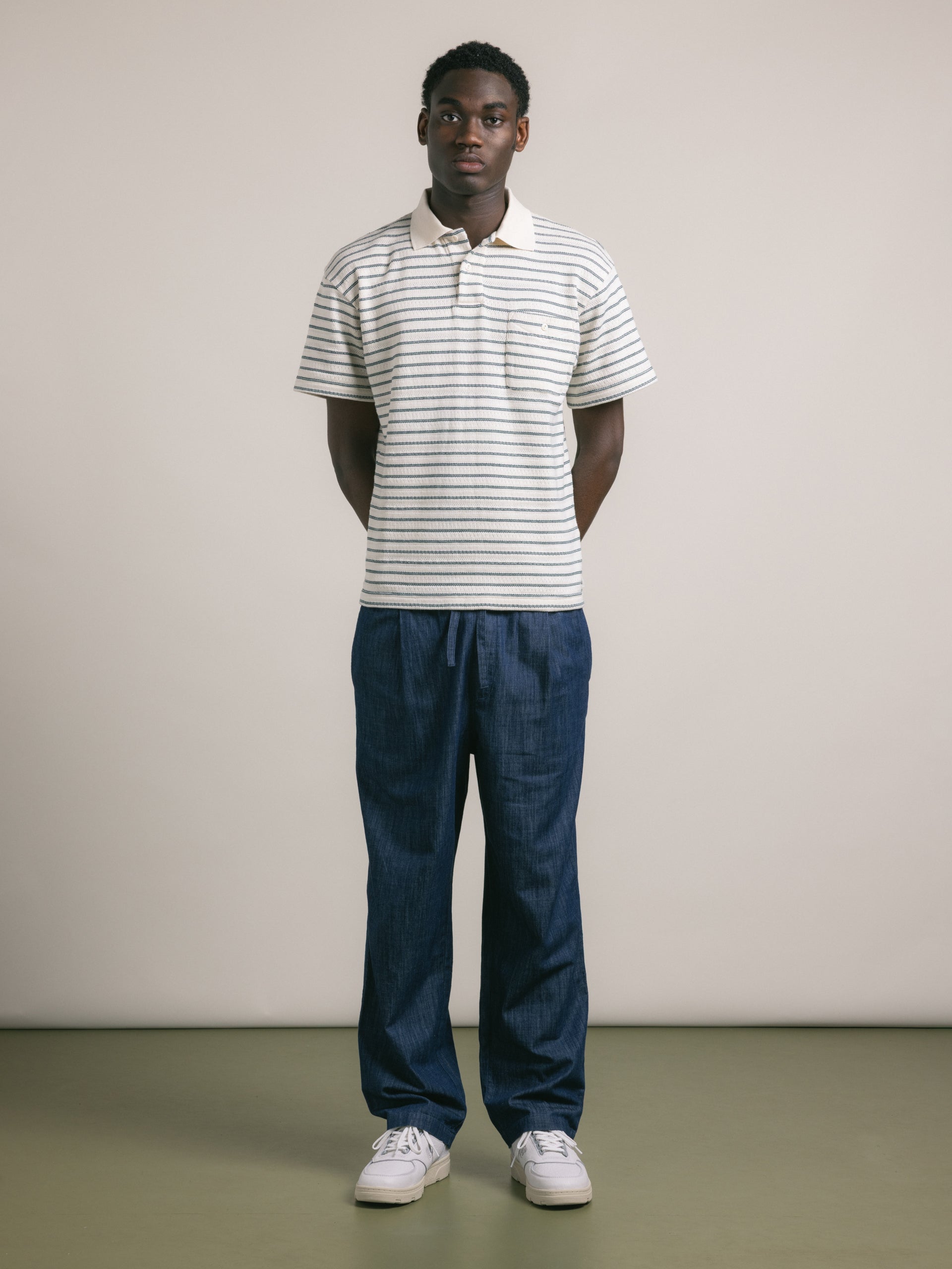Dunn Polo in Ecru / Green Organic Cotton Knitted Stripe