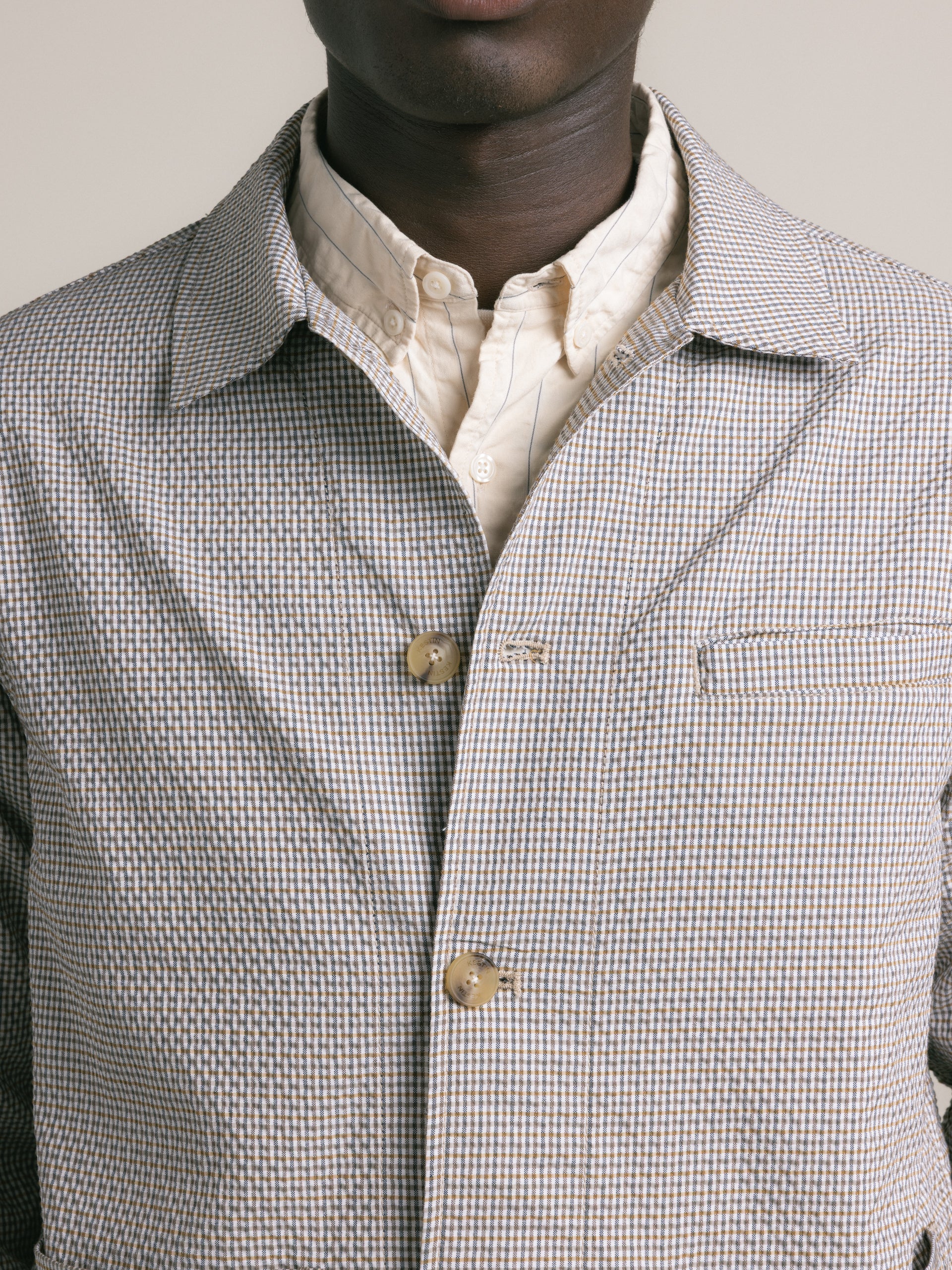 Huntly Jacket in Ecru / Brown Gingham Seersucker