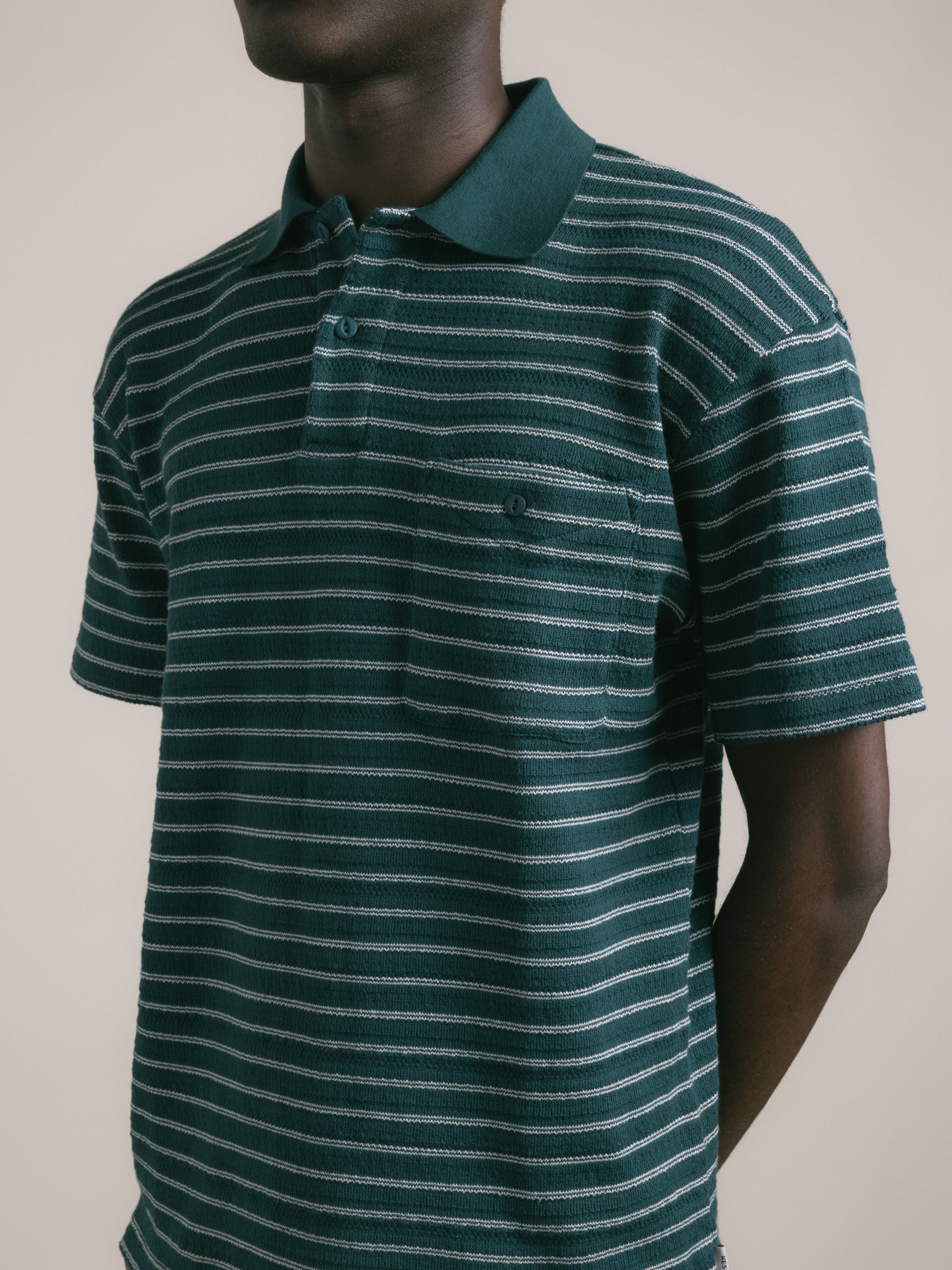 Dunn Polo in Green / Ecru Organic Cotton Knitted Stripe