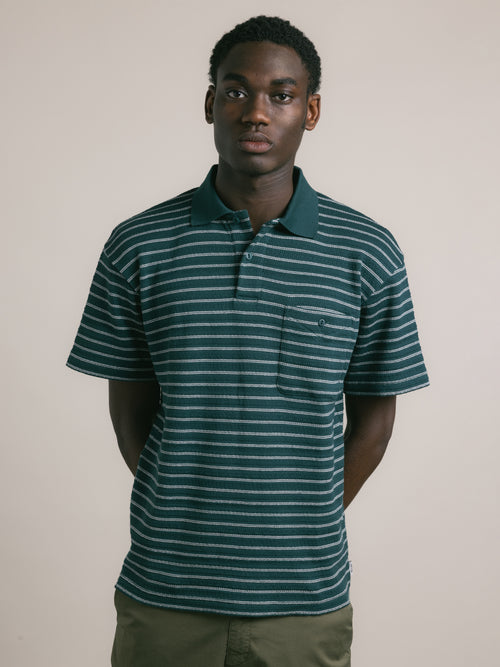 Dunn Polo in Green / Ecru Organic Cotton Knitted Stripe