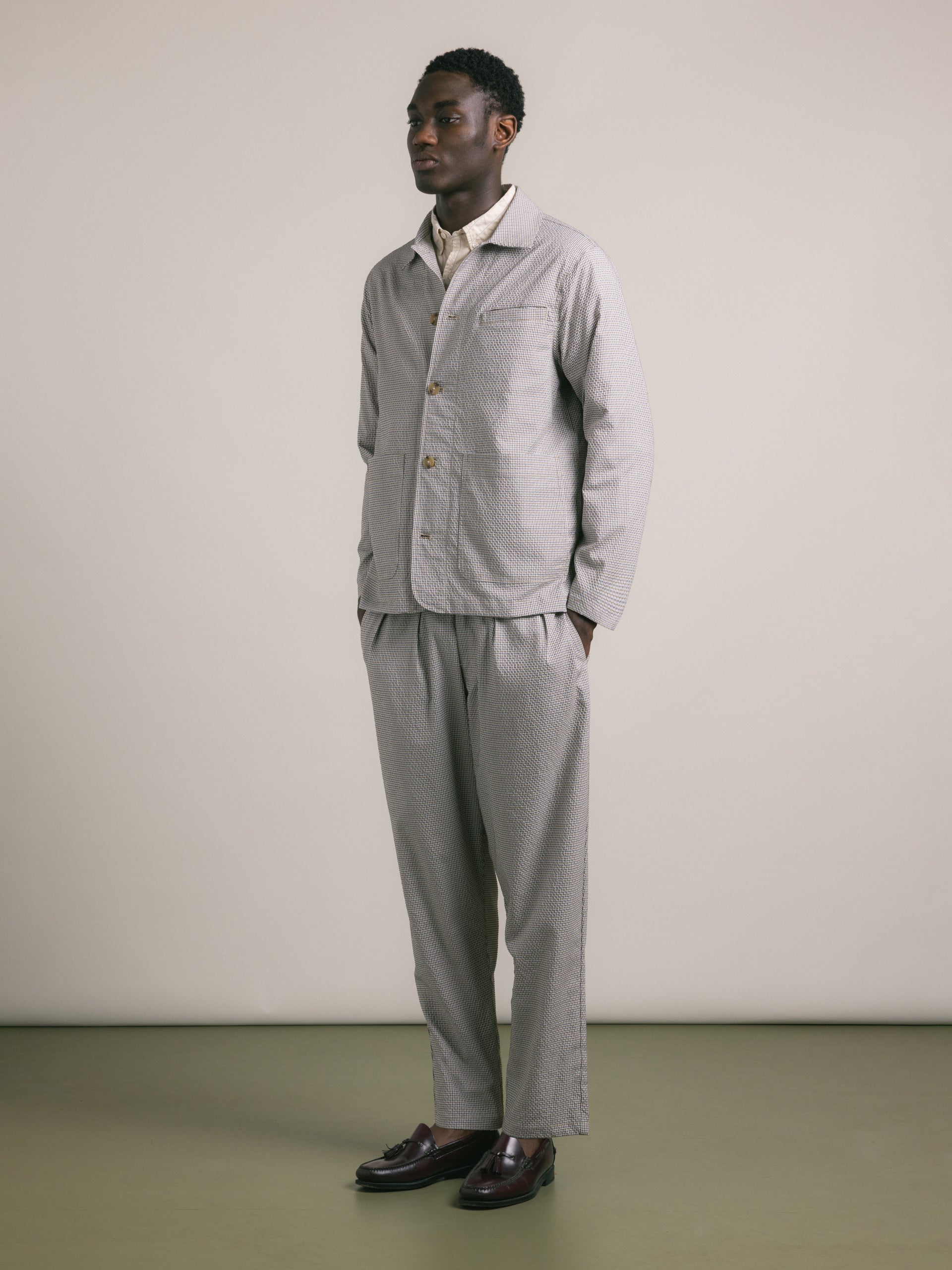 Huntly Jacket in Ecru / Brown Gingham Seersucker – Kestin