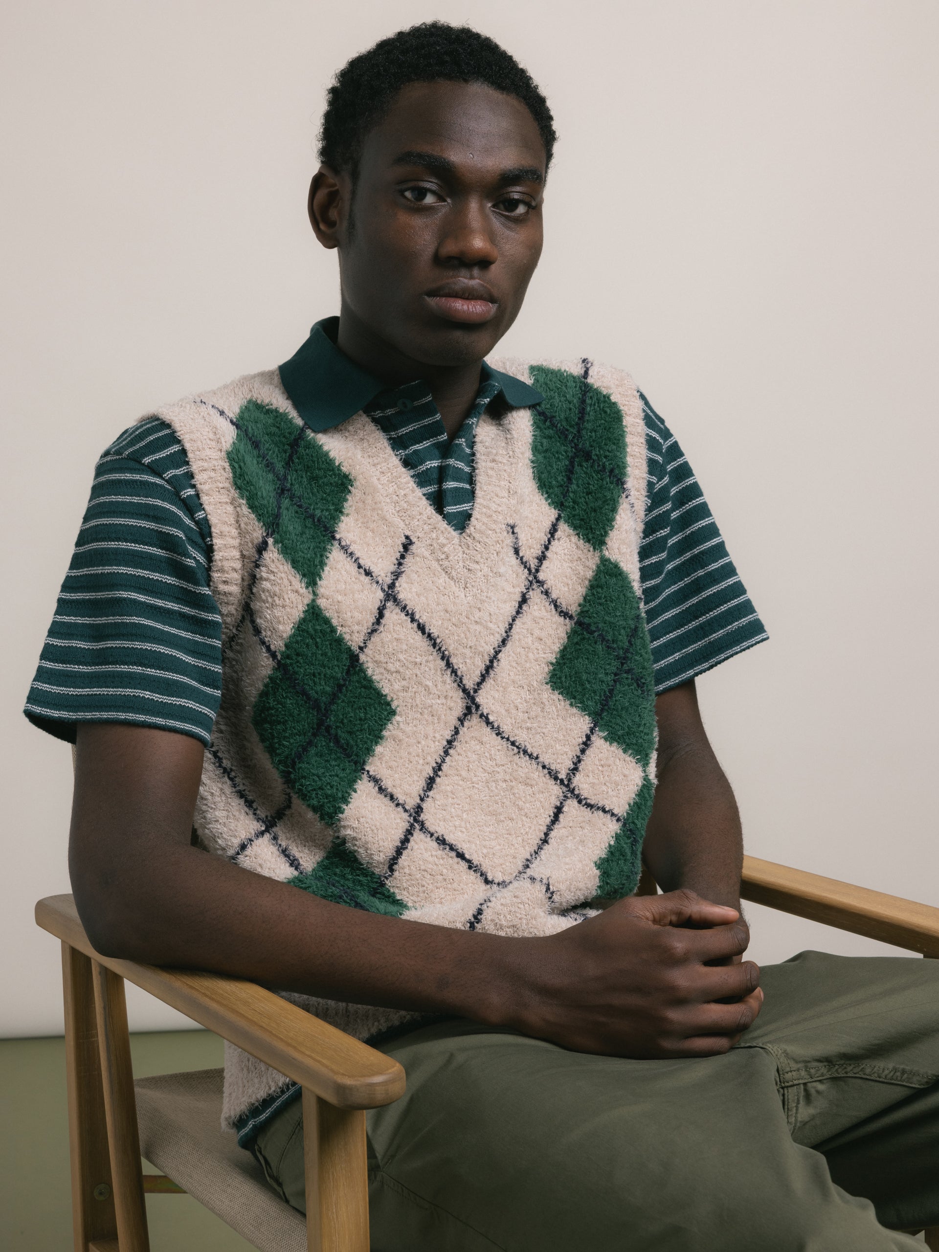 Carron Argyle Vest in Ecru Organic Cotton