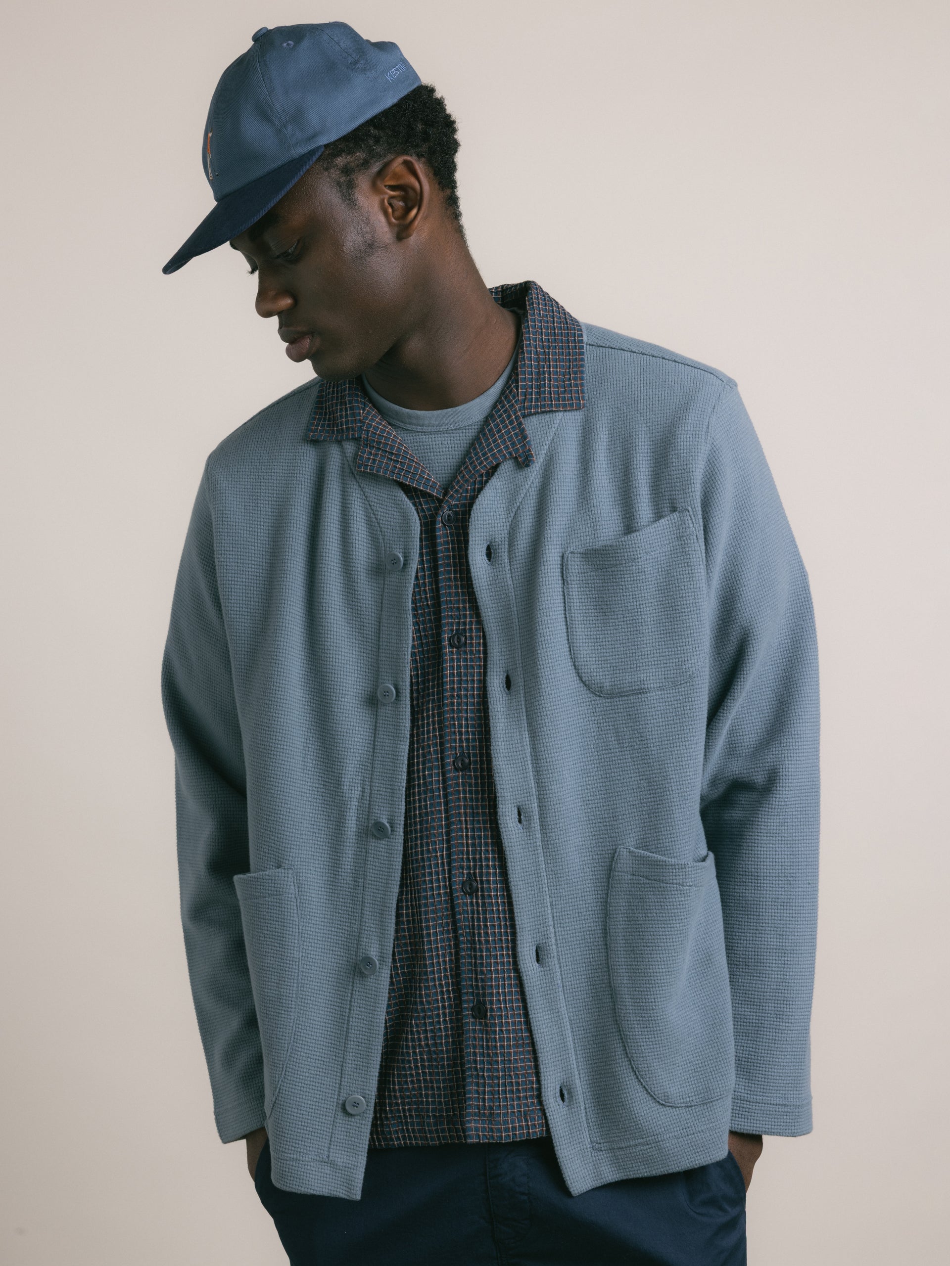 Dunvegan Cardigan in Dusty Blue Brushed Waffle