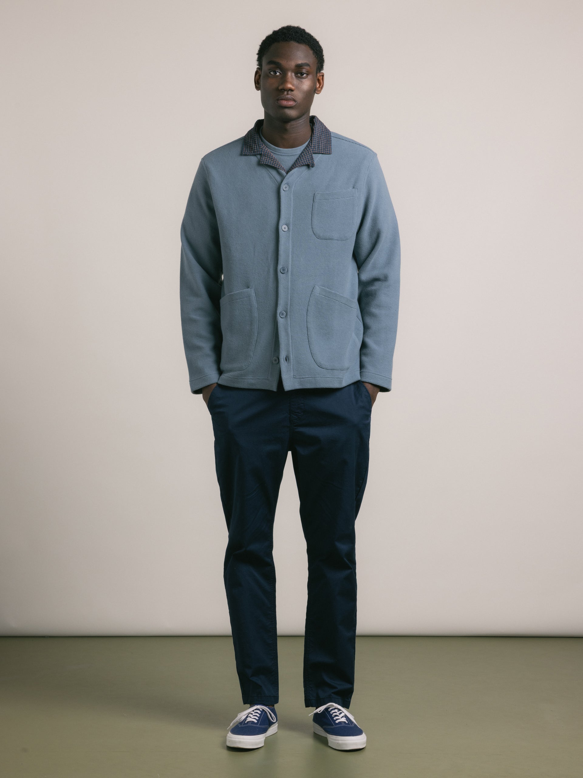 Dunvegan Cardigan in Dusty Blue Brushed Waffle