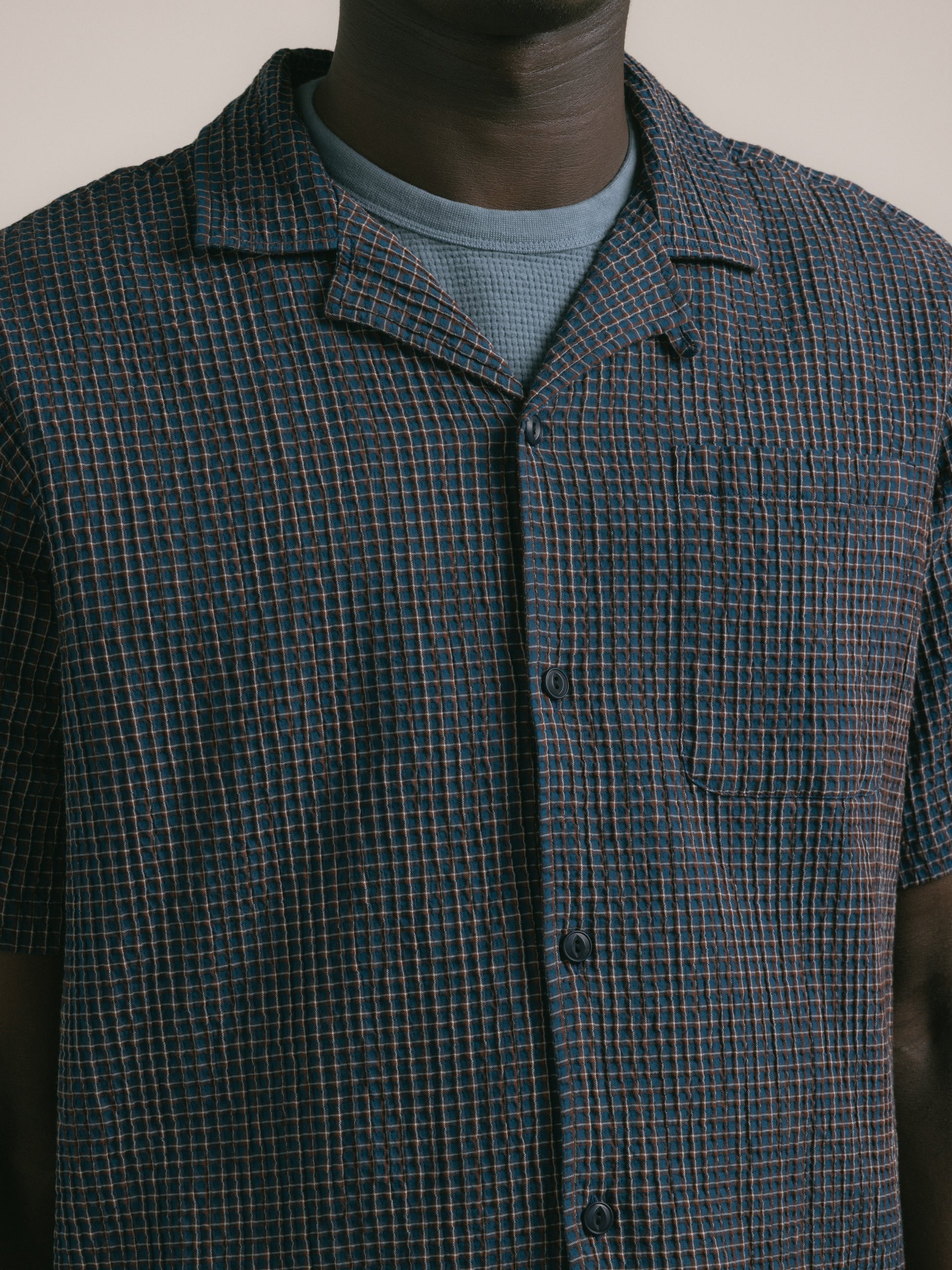 Crammond Shirt in Navy Check Japanese Seersucker