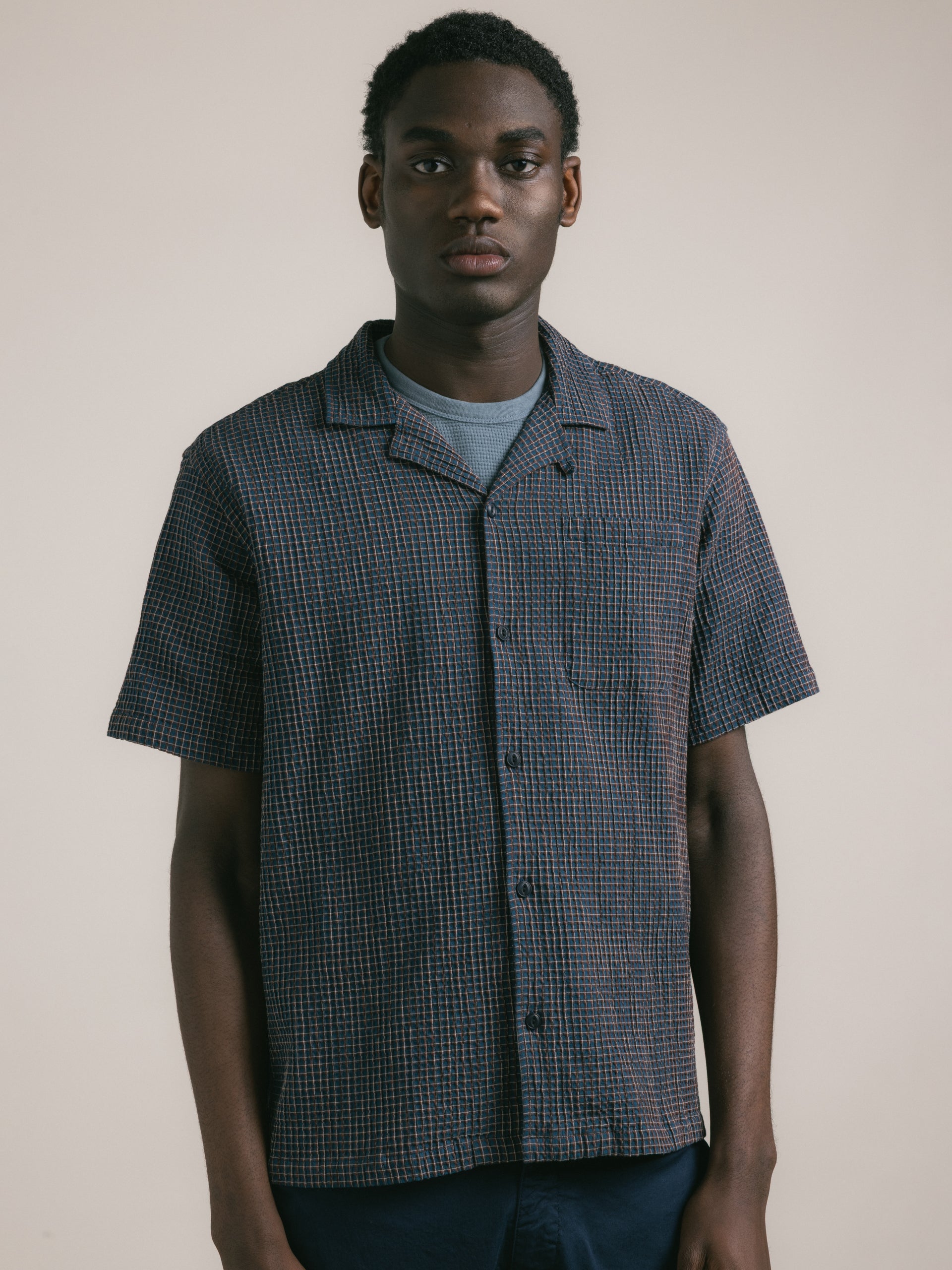 Crammond Shirt in Navy Check Japanese Seersucker