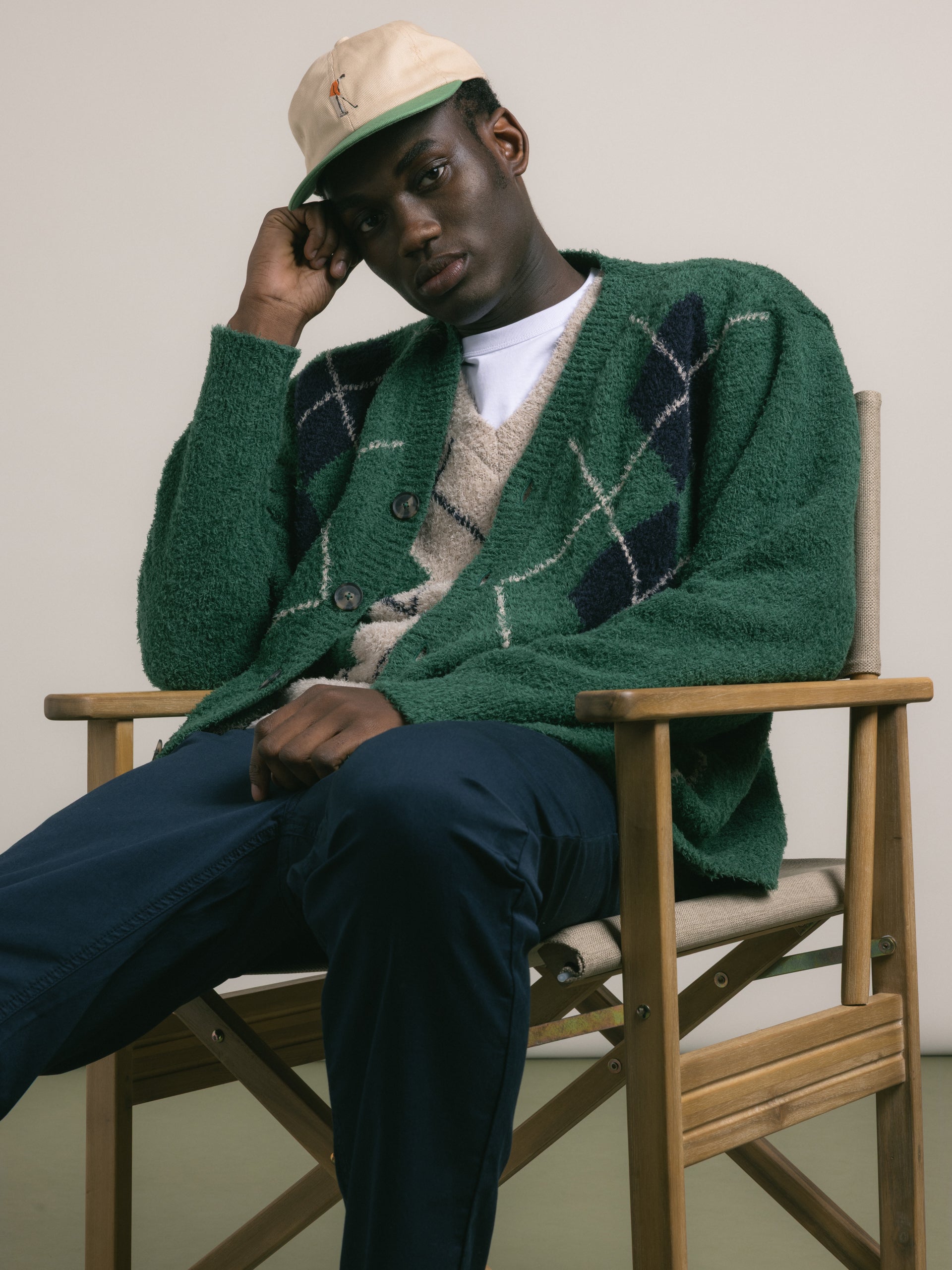 Muirfield Argyle Cardigan in Collegiate Green Organic Cotton – Kestin