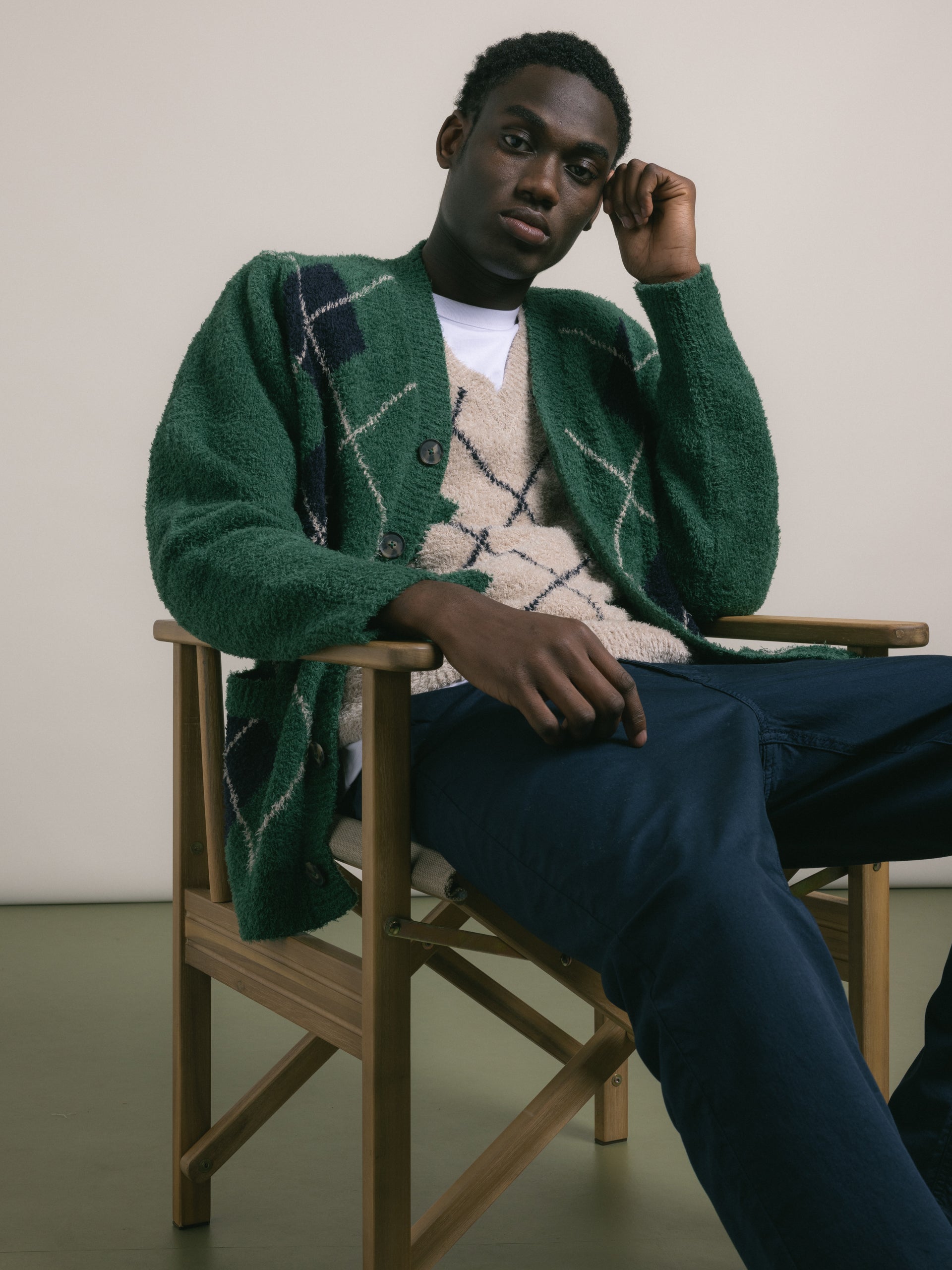 Muirfield Argyle Cardigan in Collegiate Green Organic Cotton – Kestin