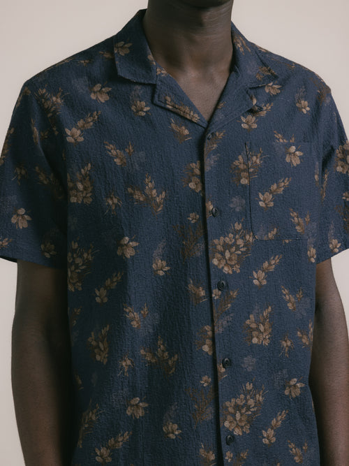 Cramond Shirt in Dark Navy Gorse Print Cotton
