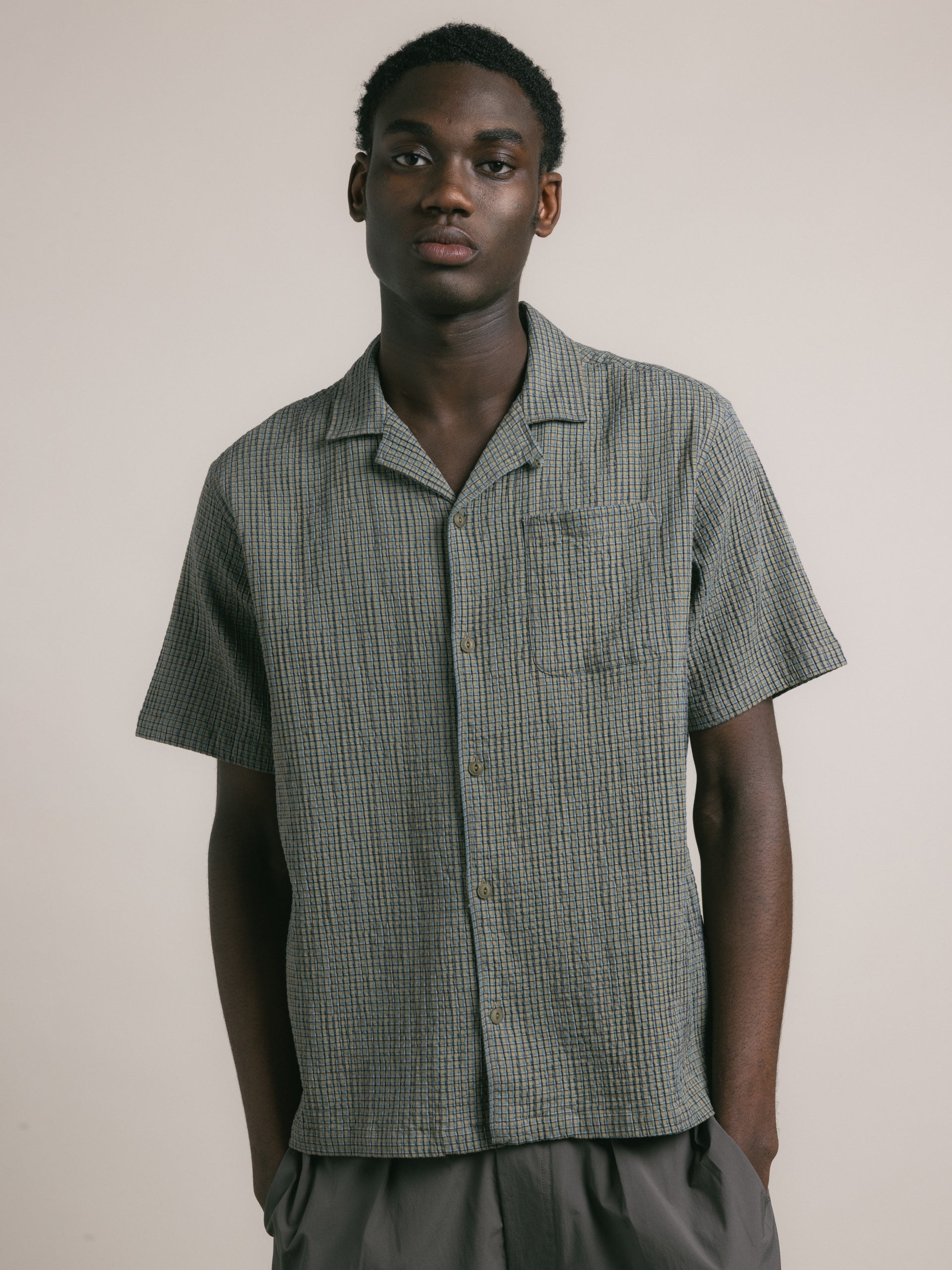 Crammond Shirt in Green Check Japanese Seersucker