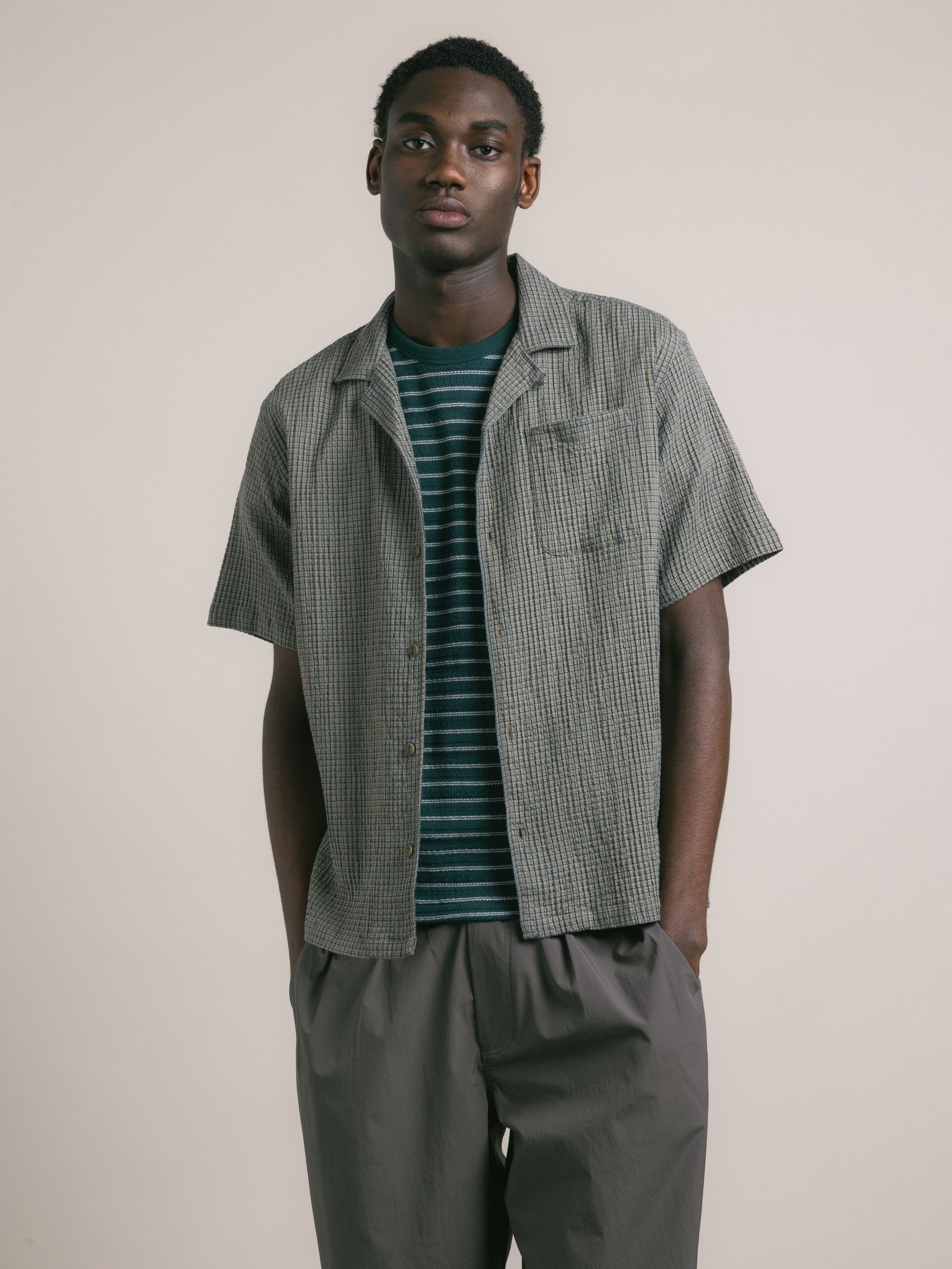 Crammond Shirt in Green Check Japanese Seersucker