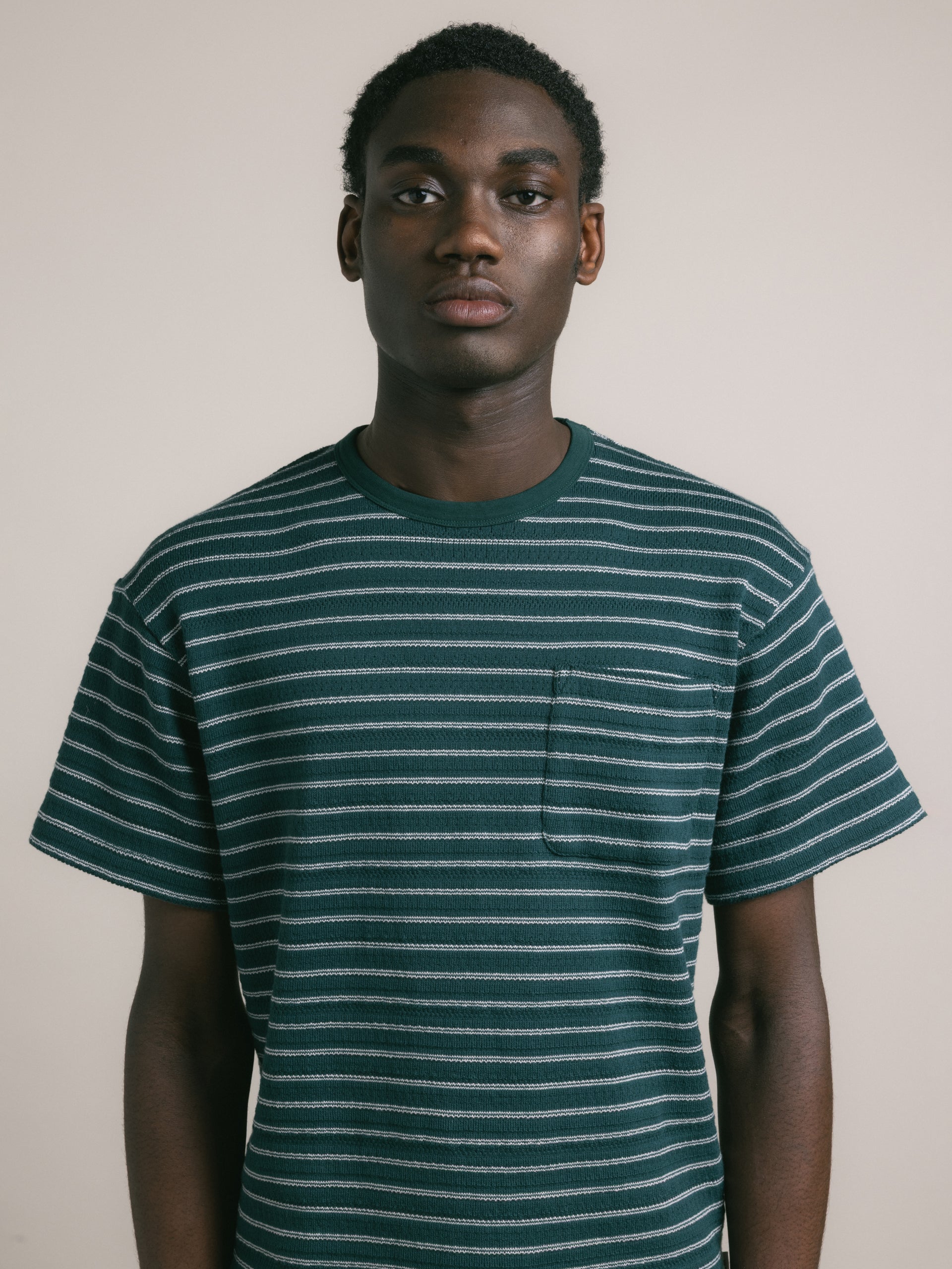 Fly T-Shirt in Green / Ecru Organic Cotton Knitted Stripe