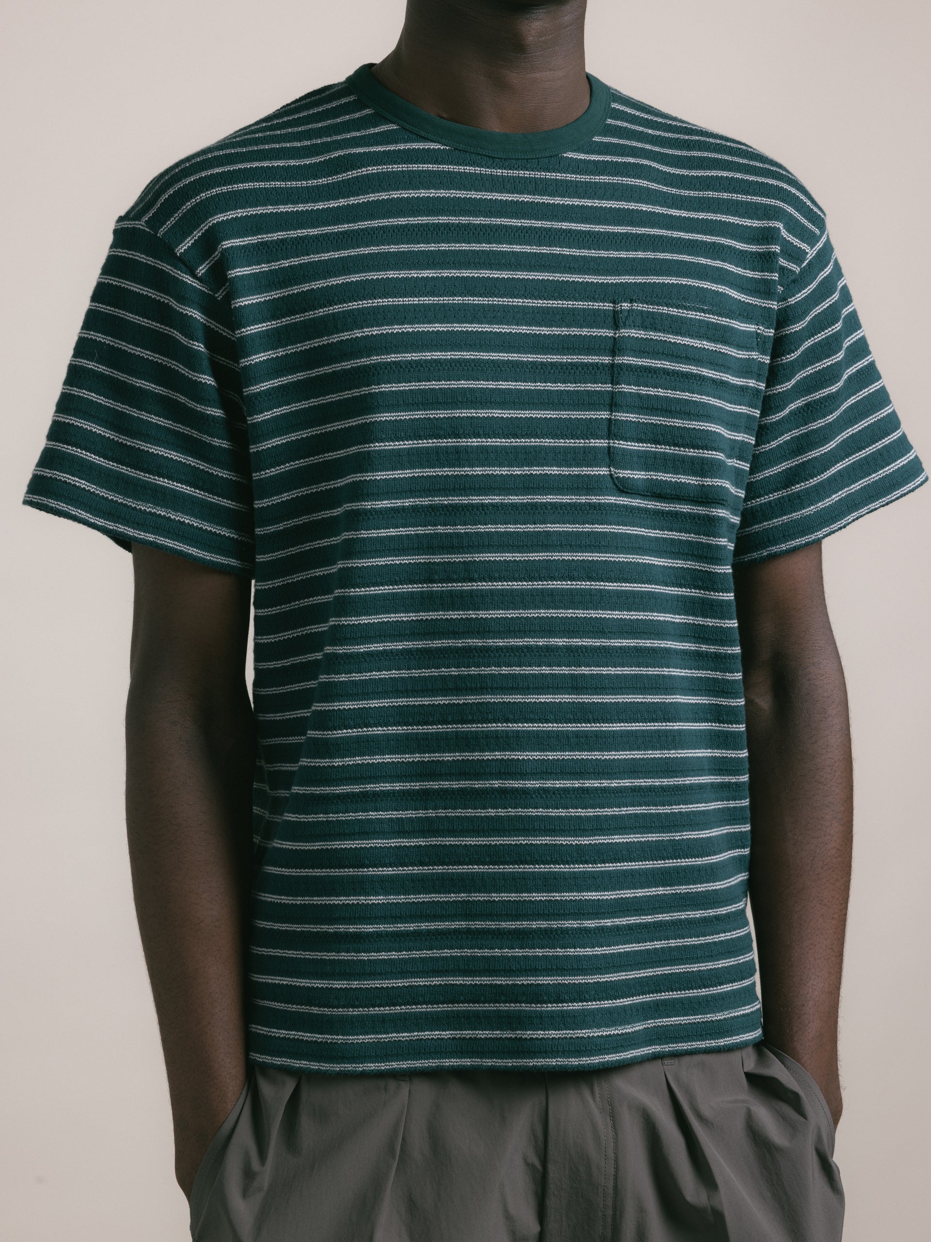 Fly T-Shirt in Green / Ecru Organic Cotton Knitted Stripe