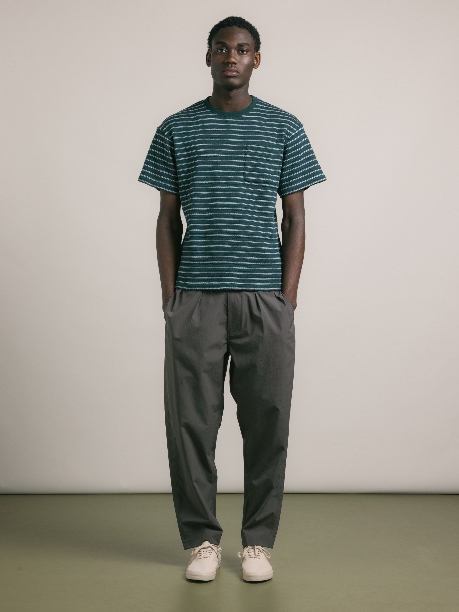 Fly T-Shirt in Green / Ecru Organic Cotton Knitted Stripe