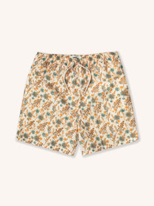 A pair of floral men's swimming shorts, on a white background.