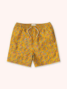 A pair of yellow men's swimming shorts, on a white background.