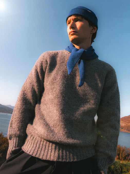 Brushed Shetland Crew in Grey Lambswool