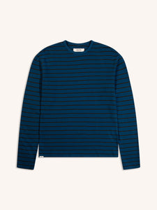 A blue striped t-shirt from KESTIN, made from a textured knit fabric, on a white background.