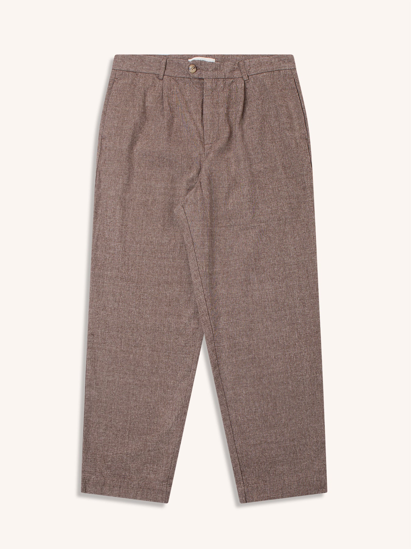 A pair of brown marl suit trousers from Scottish designer KESTIN, on a white background.