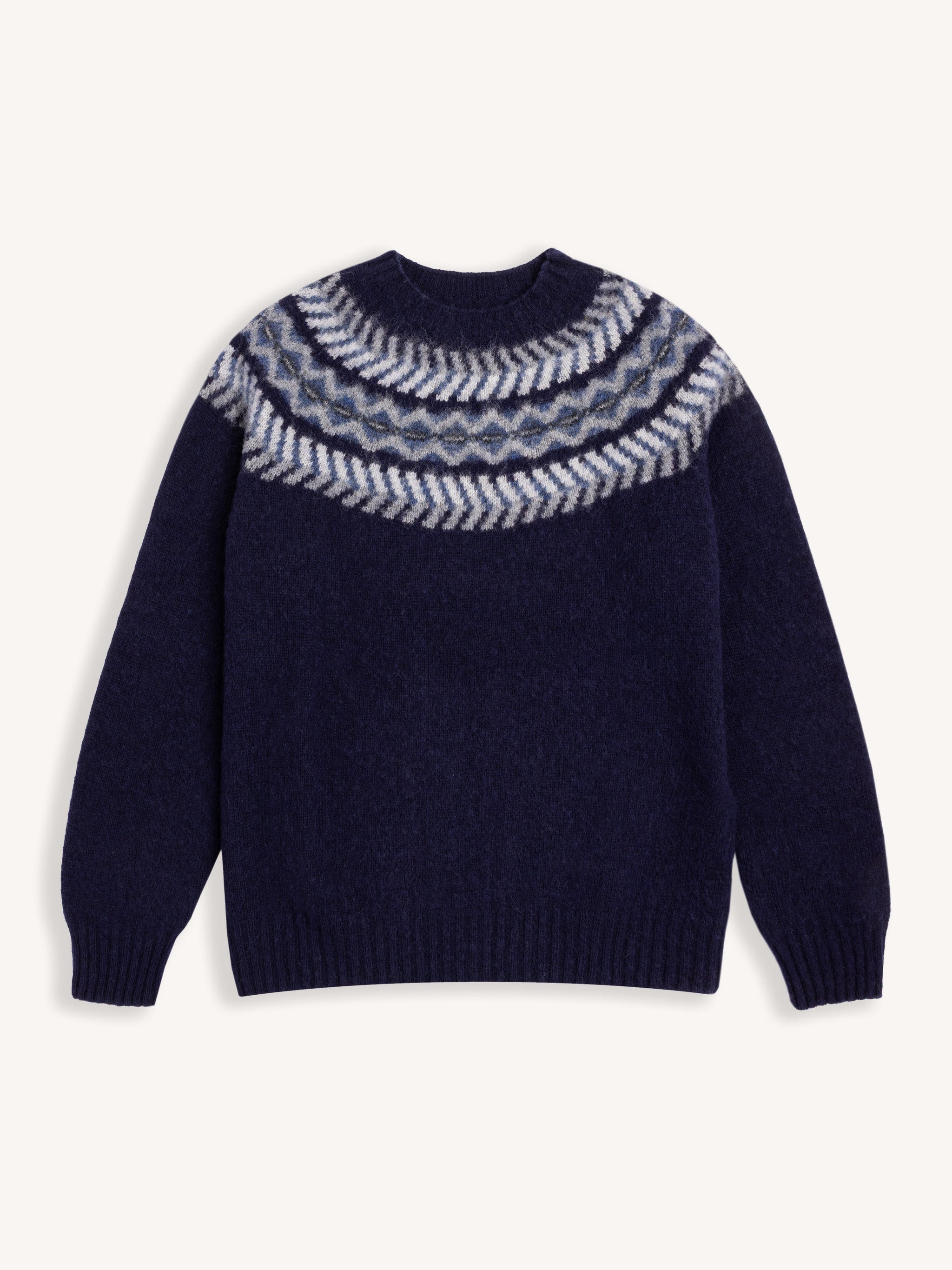 Yoke Fairisle Crew in Navy Brushed Pure Wool