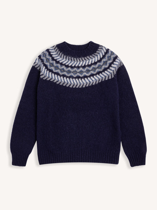 Yoke Fairisle Crew in Navy Brushed Pure Wool