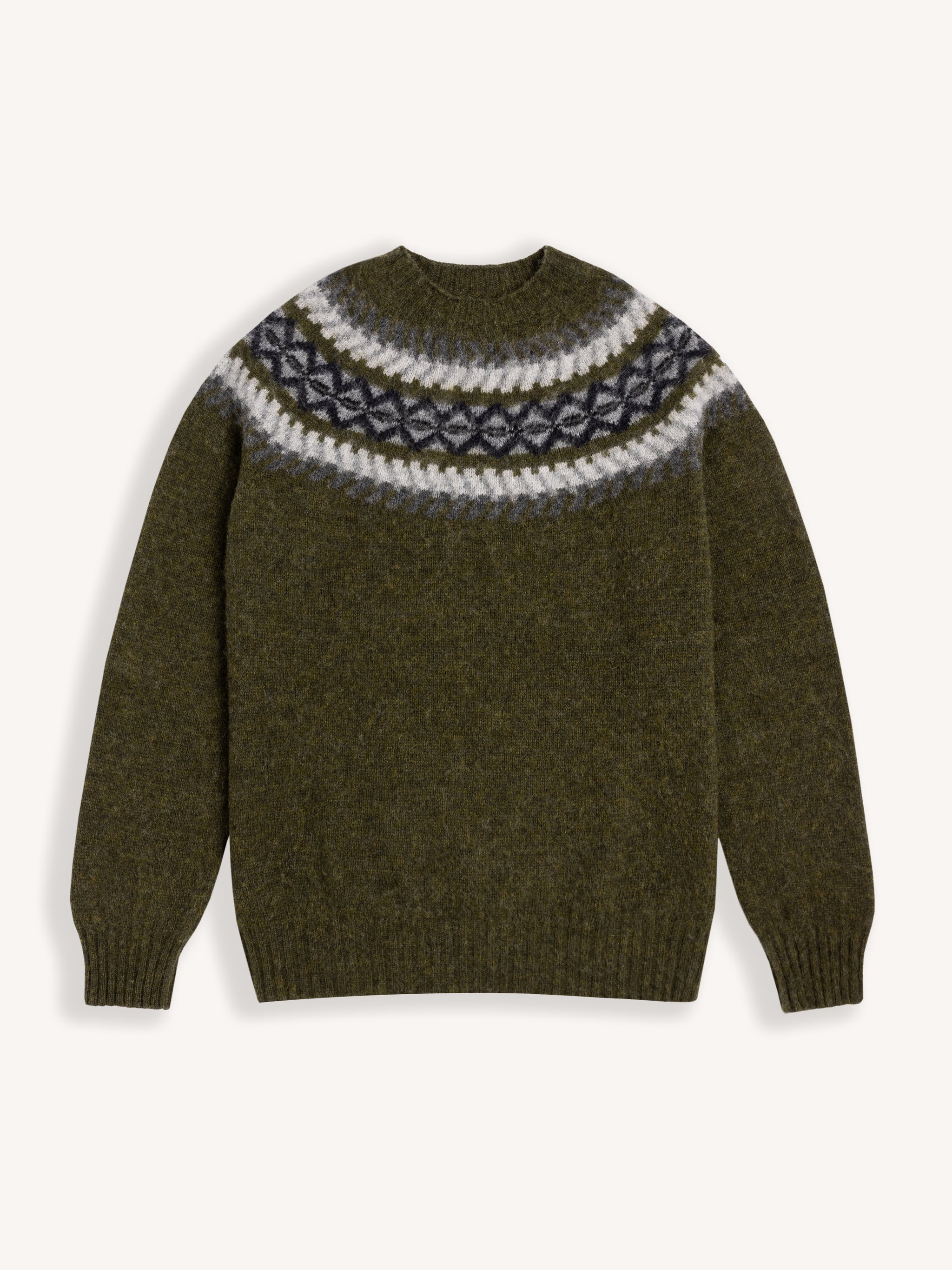 Yoke Fairisle Crew in Olive Brushed Pure Wool