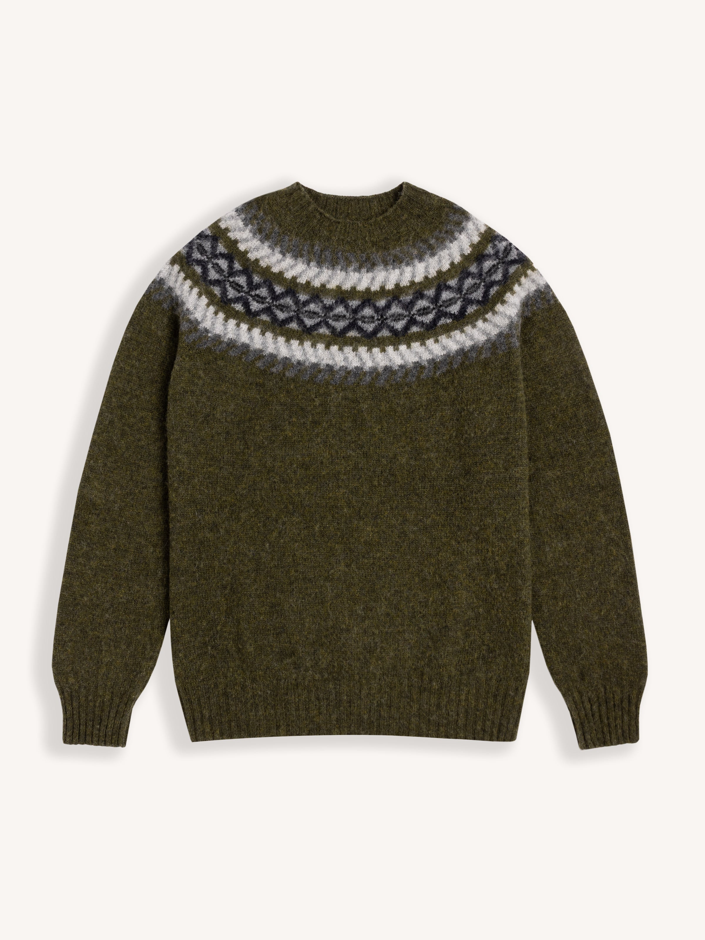 Yoke Fairisle Crew in Olive Brushed Pure Wool