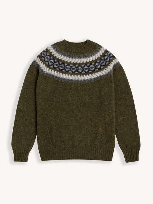 Yoke Fairisle Crew in Olive Brushed Pure Wool