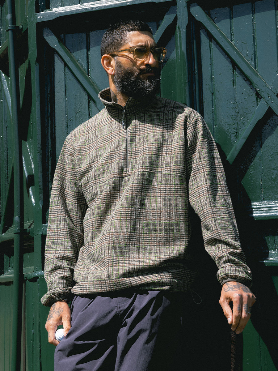 Aberfeldy Quarter Zip in Green / Brown Multi Check Jersey