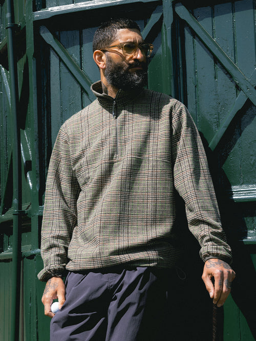 Aberfeldy Quarter Zip in Green / Brown Multi Check Jersey