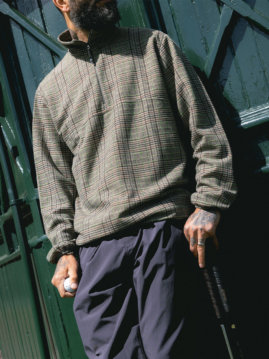 Aberfeldy Quarter Zip in Green / Brown Multi Check Jersey