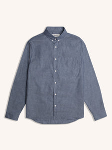 A men's long sleeve shirt made from Japanese cloth with thin stripes.