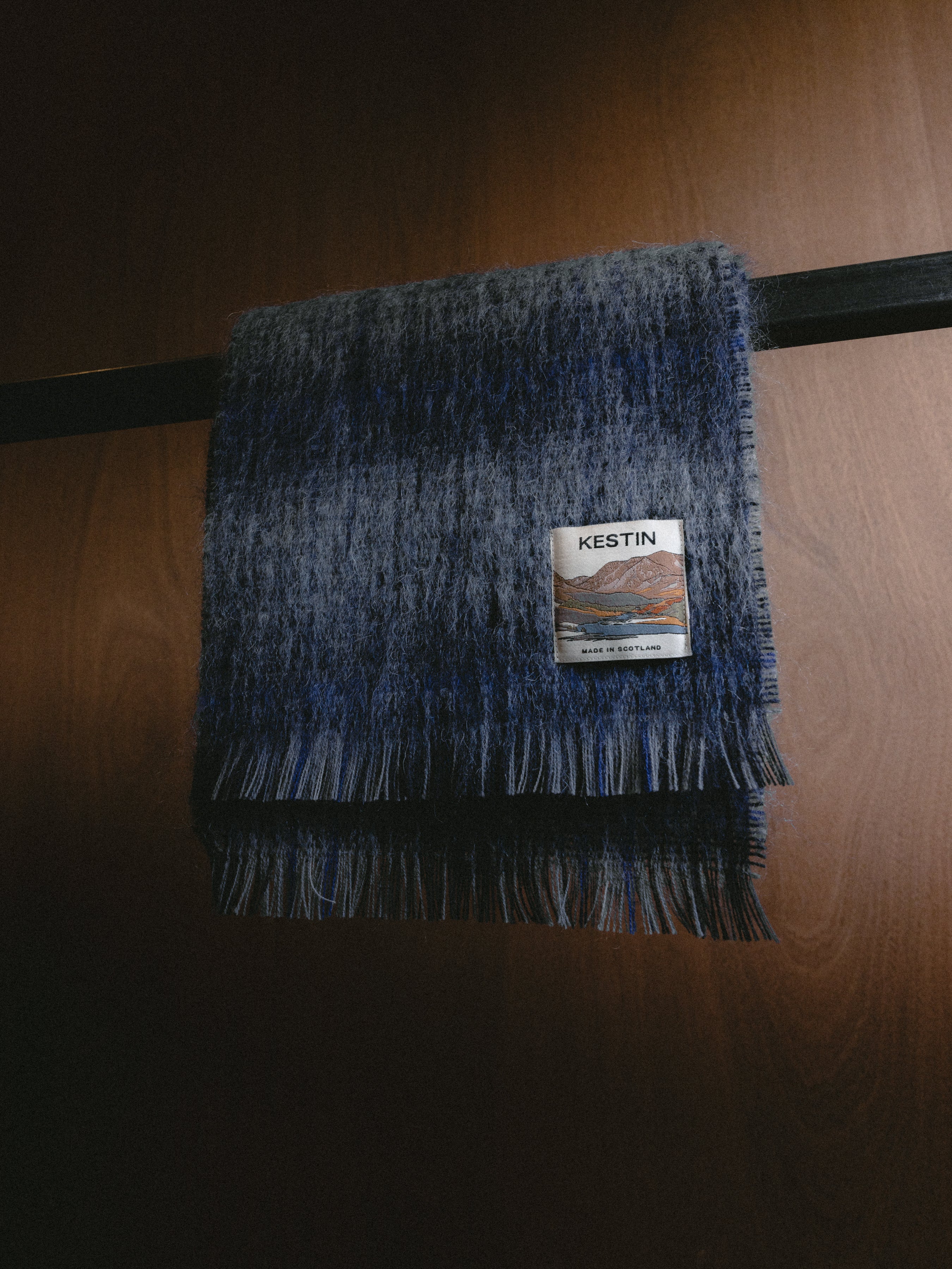 Muir Brushed Scarf in Navy Check Mohair Blend – Kestin