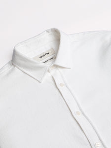 A close-up of the collar of the KESTIN Dirleton Shirt in a premium white Japanese fabric.