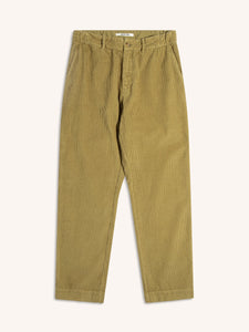A pair of men's cotton corduroy trousers in green, on a white background.