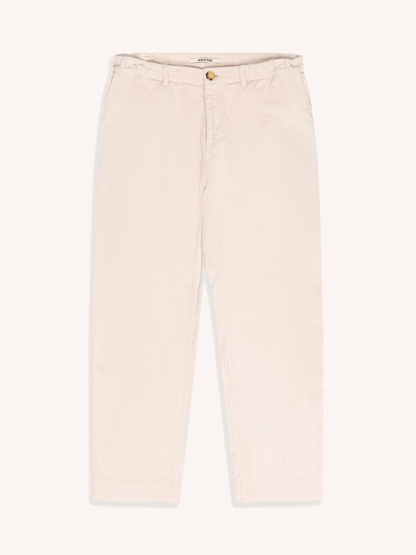 A pair of off-white cotton corduroy men's trousers, on a white background.