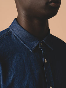 The collar from a Dark Blue/Indigo Shirt, designed by Scottish designer brand KESTIN.