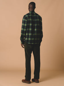 The back of a KESTIN Men's Dirleton Flannel Shirt in Green, with a Check Pattern, worn on a model.