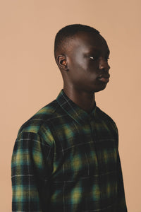 Close Up of a Model wearing a KESTIN Men's Premium Green Flannel Shirt