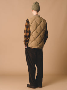 The back profile of an insulated vest, worn by a model alongside a flannel shirt and a beanie.