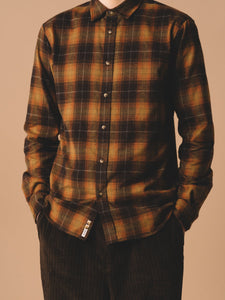 This close-up shot focuses on the KESTIN Men's Dirleton Shirt, which is a classic men's Flannel Shirt, worn on a model.