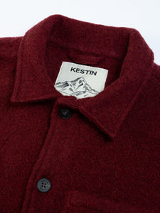 The neck label and collar from KESTIN's Ormiston Jacket in Burgundy/Dark Red.