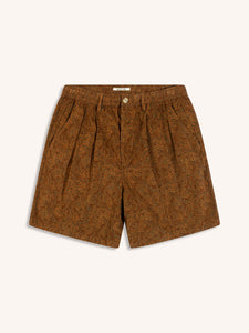 A pair of relaxed fit shorts in a brown paisley print, on a white background.