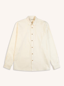 A long sleeve men's shirt in an ecru-white colour, on a bright white background.