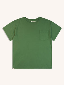 A relaxed fit men's short sleeve t-shirt in green, on a white background.